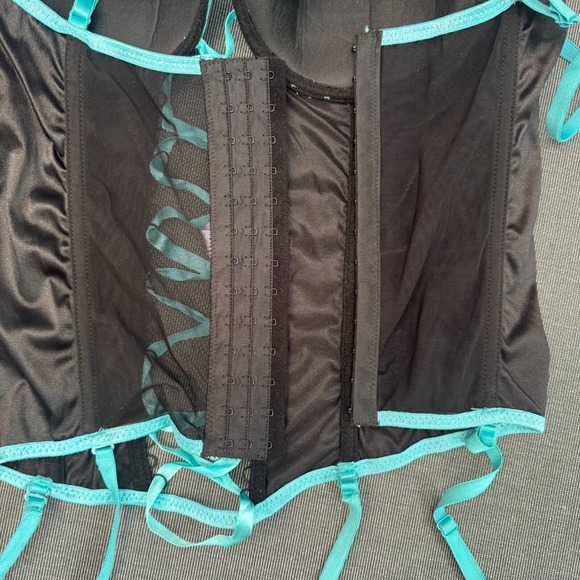 Y2K Corset Lingerie 36C/L Black Teal Ribbon Garter Punk Whimsigoth Dark Romantic - Picture 9 of 10